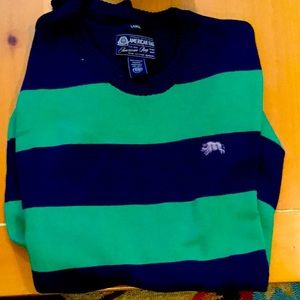 Mens green and navy striped sweater. Size L